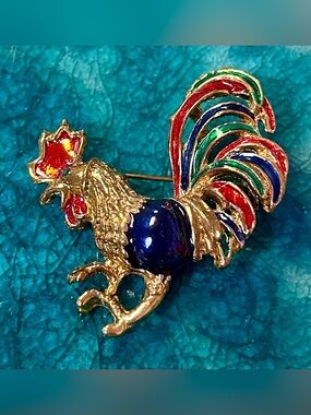 Enamel Rooster Brooch Pin Vintage